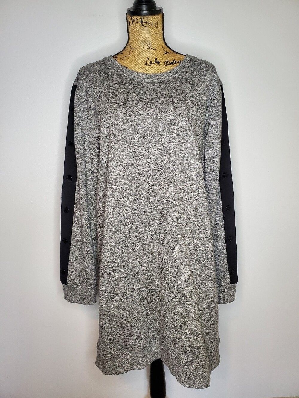 Karl Lagerfeld Grey Knit Dress with Black Button-Detail Sleeves Size L